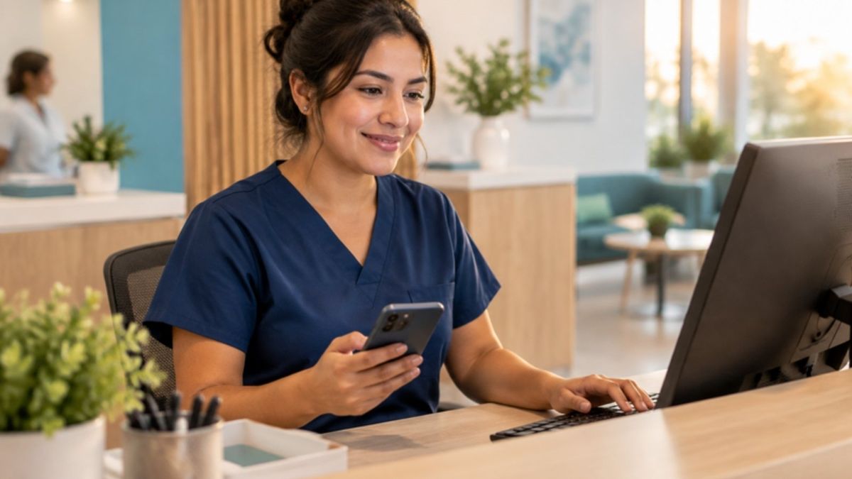 Colaboradora de clínica respondiendo mensajes de pacientes desde el celular y la computadora