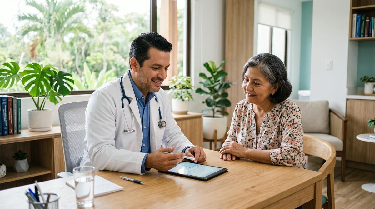 Médico revisando el expediente en una tableta junto a su paciente