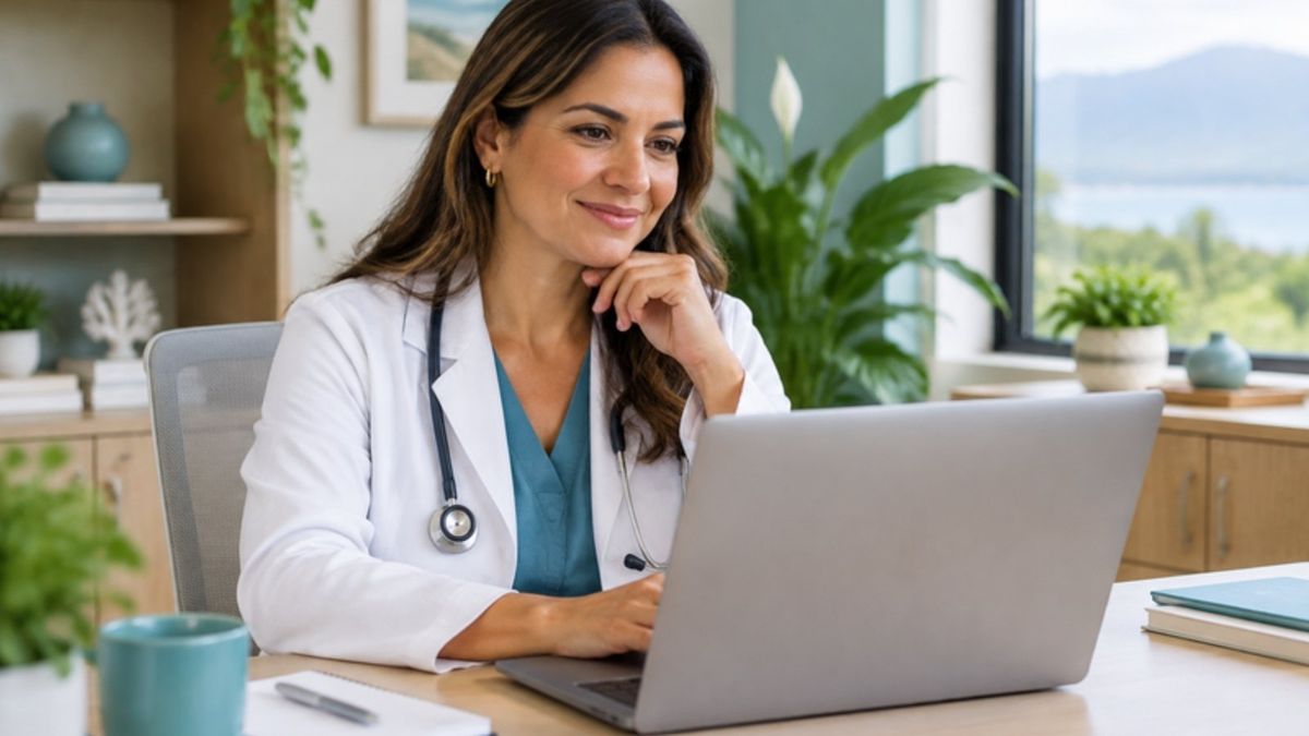 Doctora y dueña de clínica revisando la rentabilidad de su negocio en una laptop